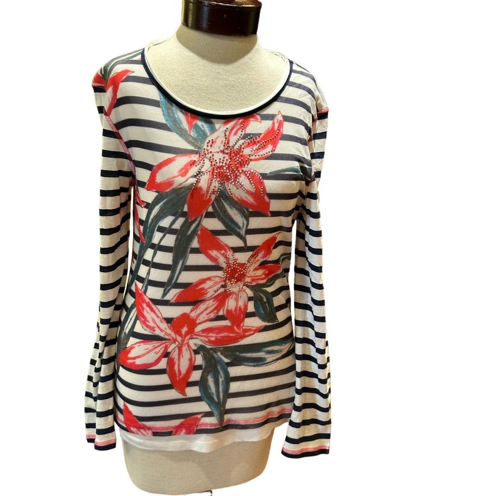 Marc Aurel Women’s Top,  Floral with sequins, Y2K Vibe, Strips, Sz M/L, EUC